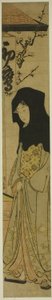 Mulher vestindo capuz preto em frente à casa de chá Hatsutaka de Torii Kiyonaga
