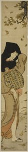 Mulher com Capuz Negro em Folhas Levadas pelo Vento, da série "Doze Cenas de Costumes Populares (Fuzoku juni tsui)" de Torii Kiyonaga