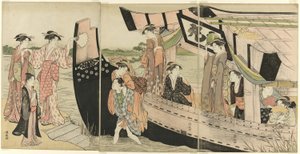 Mulheres que desembarcam de um barco de recreio no rio Sumida de Torii Kiyonaga