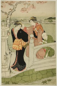 Mulheres e crianças na calçada em Shinobazu Pond de Torii Kiyonaga