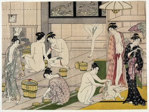 Mulheres em banho público. Impressão japonesa de Torii Kiyonaga (1752-1815), cerca de 1785. Escola Torii (ukiyo-e ou ukiyo e).
