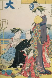 Women of the Gay Quarters, painel direito de um díptico (pring de madeira colorida) (ver também 114571) de Torii Kiyonaga
