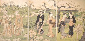 Moças vendo flores de cerejeira em Asukayama. de Torii Kiyonaga