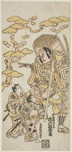 Os atores Ichikawa Ebizo II como Musashibo Benkei, Sakata Shintaro (?) como Soga no Goro, e Takigawa Kinya (?) como Soga no Juro na peça "Sazareishi Suehiro Genji", apresentada no Teatro Nakamura no primeiro mês de 1744 de Torii Kiyonobu II