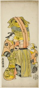 Os atores Ichikawa Danjuro II como Kamada Matahachi e Ichikawa Monnosuke I como Hisamatsu na peça "Osome Hisamatsu Shinju Tamoto no Shirashibori", apresentada no Teatro Morita, 1720