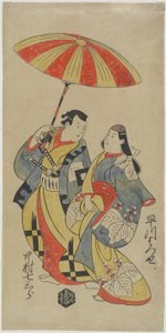 Nakamura Shichisaburo_as Chihara Sakonnosuke e Hayakawa Hatsuse como a cortesã Okuni, agosto de 1702 de Torii Kiyonobu I Torii Kiyonobu I