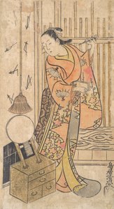 Ator como uma mulher em pé por um suporte de espelho, ca. 1735.