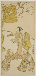 Os atores Segawa Kikunojo II, Ichikawa Komazo II e Arashi Otohachi I na peça "Fude Hajime Soga no Tamazusa", apresentada no Teatro Nakamura no primeiro mês de 1768