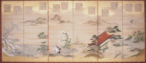 Poemas de Teika para os Doze Meses (tinta, cor e folha de ouro sobre papel, ecrã de seis vezes) de Tosa Mitsunari