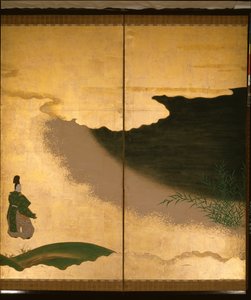 Ecrã sextuplo que retrata contos de Ise de Tosa Mitsuoki