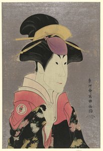 Segawa Tomisabur, ator, retrato de frente e ombros, virado para a direita, no papel de Yadorigi, a mulher de Ogishi Kurando de Toshusai Sharaku