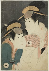 Os actores Segawa Tomisaburo II (à direita) como Yadorigi, esposa de Ogishi Kurando, e Nakamura Manyo (à esquerda) como o criado Wakakusa de Toshusai Sharaku