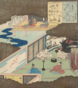 Interior de um palácio com nobres conversando, ca. 1820. de Totoya Hokkei