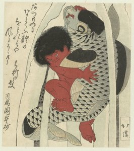 Kintoki lutando contra uma carpa de Totoya Hokkei