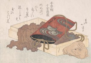 Laca Inro com aves aquáticas e Netsuke em forma de boi em uma caixa da chuva de primavera ..., provavelmente 1817. de Totoya Hokkei