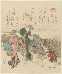 Duas mulheres, um homem e uma criança à procura de conchas
Uma selecção de dezasseis de uma série de conchas (título da série)
Kai tsukushi jûsanban no uchi (título da série sobre o objecto) de Totoya Hokkei
