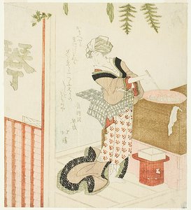 Mulher a cozinhar feijão na loja de Totoya Hokkei