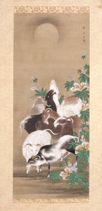 Cabras e Lua (tinta e cor sobre seda) de Toun Kano