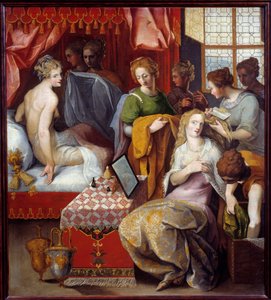 Hyante et Clymene a leur toilette Hyante (Hyanthe) et Clymene, duas filhas do Rei de Creta que heberge Francus, apaixonadas por este herói, estão ocupadas na sua sanita para sedução - Pintura de Toussaint Dubreuil (1561-1602) Dim 1,07x0,96 m
