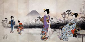 Mulher japonesa caminhando em frente ao Monte Fuji Impressão japonesa de Toyohara Chikanobu (1838-1912) 1896 Coleção particular