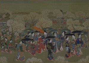 Belezas a observar flores de cerejeira no rio Sumida de Toyohara Kunichika