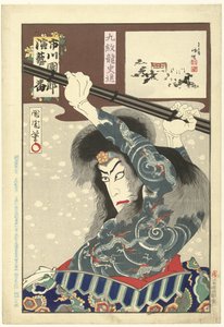 Ichikawa Danjuro IX als Kyumonryo Shishin
Kyumonryo Shishin (título sobre o objecto)
Honderd rollen van Ichikawa Danjuro IX (título da série)
Ichikawa Danjuro engei hyakuban (título da série sobre o objecto)
