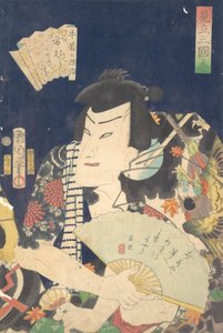 Ichimura Kakitsu IV como Ushiwaka no Genji no jogo Kabuki A Parody of the Rom..., 4º mês, 1868. de Toyohara Kunichika
