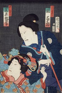 Onoe Baikō como a irmã mais nova Benizara e Seki Sanjūrō como a mãe Kataomoi na peça Ichiban Norime Iki no Sashimono de Toyohara Kunichika
