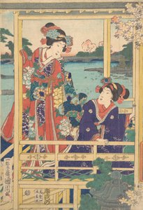 Duas belezas no Spring Garden with a Pond, ca. 2º mês, 1864. de Toyohara Kunichika