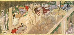 O Conto de Genji ("Genji Monogatari") romance do século X sobre a vida romântica do príncipe Genji, ilustração de Hikokuni Tokugawa II (fl.1821-24), pub. Século XIX de Toyokawa Hikokuni
