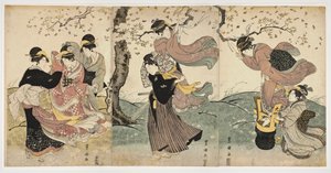 Arte japonesa: Flores no Vento (cena com mulheres e um homem, pendurando serpentinas nos ramos de uma árvore) - Impressão de Utagawa Toyokuni (1769-1825) linocut (37,8x75,9), cerca de 1797-1800 - Academia de Artes de Honolulu