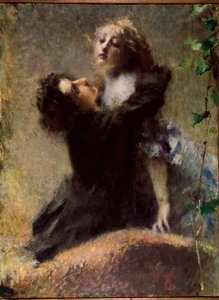 A Ivy Edera. Um homem abraça uma mulher. Pintura de Tranquilo Cremona (1837-1878) 1878 Sol. 132,5x100 cm Turim, Civica Galleria d