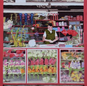 Banca de flores (Bogotá, Colômbia), 2016 (óleo sobre tábua) de Trevor Burgess