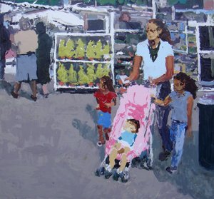 Mãe e filhos a fazer compras (mercado de Lewisham, Londres), 2008 (óleo sobre tela)
