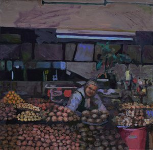 Barraca de batatas (Quito, Equador), 2015 (óleo sobre tábua) de Trevor Burgess