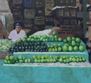 Venda de mangas e abacates (Bogotá, Colômbia), 2016 (óleo sobre cartão) de Trevor Burgess
