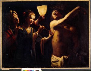 São Sebastião cura por Santa Irene Sebastião após seu primeiro martírio e é tratado pela viúva Irene e sua serva. Pintura por Trophime Bigot conhecida como Le Maitre a la Candelle (século XVII). 1620-1630. Dim. 1,29x1,7 m. Bordeaux, Museu de Fine Ar