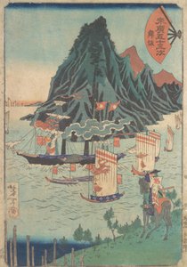 Cinquenta e três estações de Suehiro: Warrior Looks at Passing Steamship, ca. 1865., de Tsukioka Yoshitoshi
