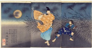 Fujiwara no Yasumasa a tocar flauta ao luar de Tsukioka Yoshitoshi
