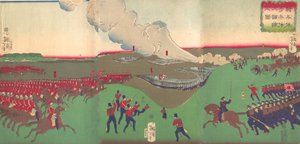 Ilustração da Cavalaria, Infantaria e Soldados Recuando Kiheitai, hoheitai, ..., 8º mês, 1867. de Tsukioka Yoshitoshi