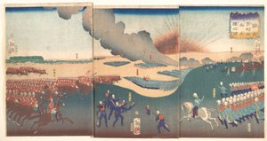 Manobras de três categorias de soldados franceses e ingleses (Furansu Igirisu sanhei ōchōren no zu) de Tsukioka Yoshitoshi