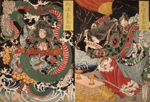 Tawaraya Tda e um Dragão e Ono no Komachi Orando por Chuva da série Valor na China e Japão, 1868 (impressão em xilogravura a cores) de Tsukioka Yoshitoshi