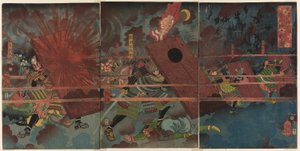 A batalha de Jinju durante a conquista da Coreia por Masakiyo (Masakiyo Sankan taiji, Shinshujo kassen no zu) de Tsukioka Yoshitoshi