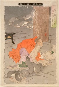 Os pensamentos perversos do sacerdote Raigō de Miidera transformam-no num rato de Tsukioka Yoshitoshi