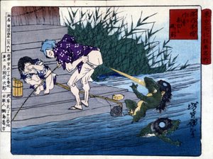 Yodo Gawakré: o fantasma do rio adivinhando sobre as nádegas (Kappa) por Tsukioka Yonejiro de Tsukioka Yoshitoshi
