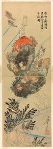 Zhang Shun, o respingo branco nas ondas, e Li Kui, o redemoinho negro, em uma luta subaquática (Rori Hakucho Chojun e Kokusenpu Riki) de Tsukioka Yoshitoshi