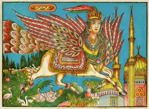 Al-Bourak (Al Bourak) (Buraq, Bouraq, Burak), asa de cavalo com cabeça de mulher e cauda de pavão, sobre a qual Muhammad, guiado pelo Arcanjo Gabriel, viajou à noite de Meca para Al-Aksa. Imagens populares, Tunísia