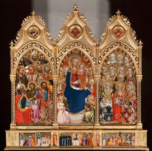 Predella com vida de São Bartolomeu, de Virgem e criança rodeada por anjos e santos (óleo sobre painel de Turino Vanni