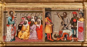 Predella com vida de São Bartolomeu, decapitado na Armênia, detalhe de Virgem e criança cercado por anjos e santos (óleo sobre painel