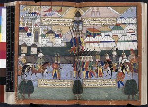 Adicionar. 22011, ff.81v-82, exército otomano de Lala Mustafa Pasha desfilando diante das muralhas de Tíflis de 